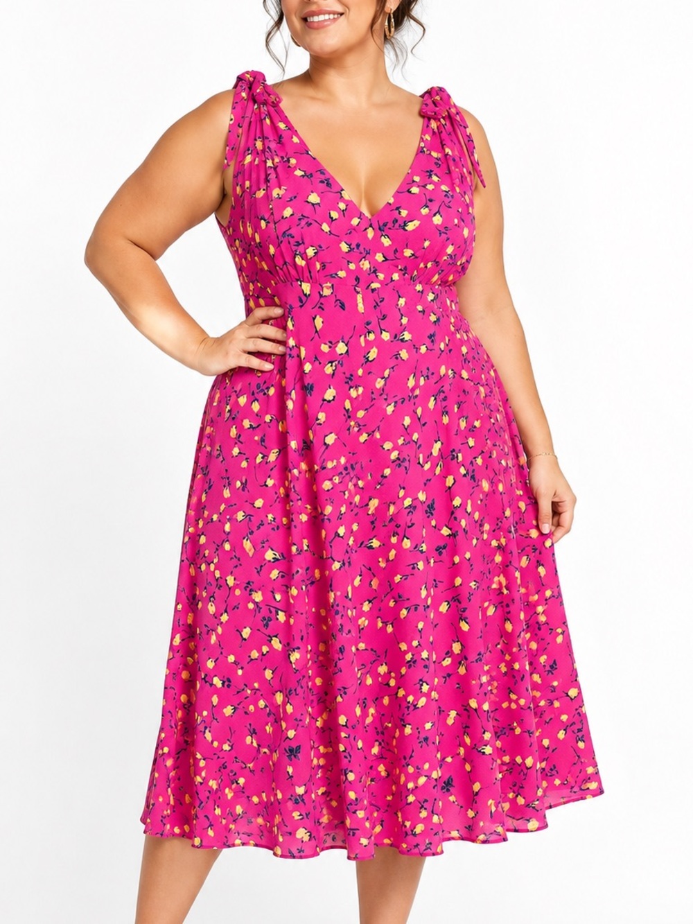 NWT Betsey Johnson Pink Yellow Rosebud V-Neck Tie-Shoulder Midi/Maxi Dress 18W